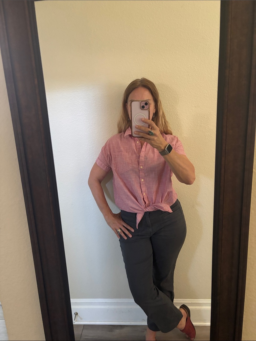 Madewell Pink Short-Sleeve Button-Down Tie Front Shirt